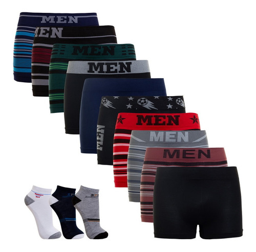 Kit 12 Cuecas Boxer Masculina Microfibra E 12 Pares De Meias