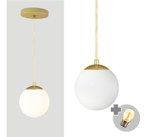 Pendente Ouro Com Globo De Vidro Branco De 14cm + Led 2w