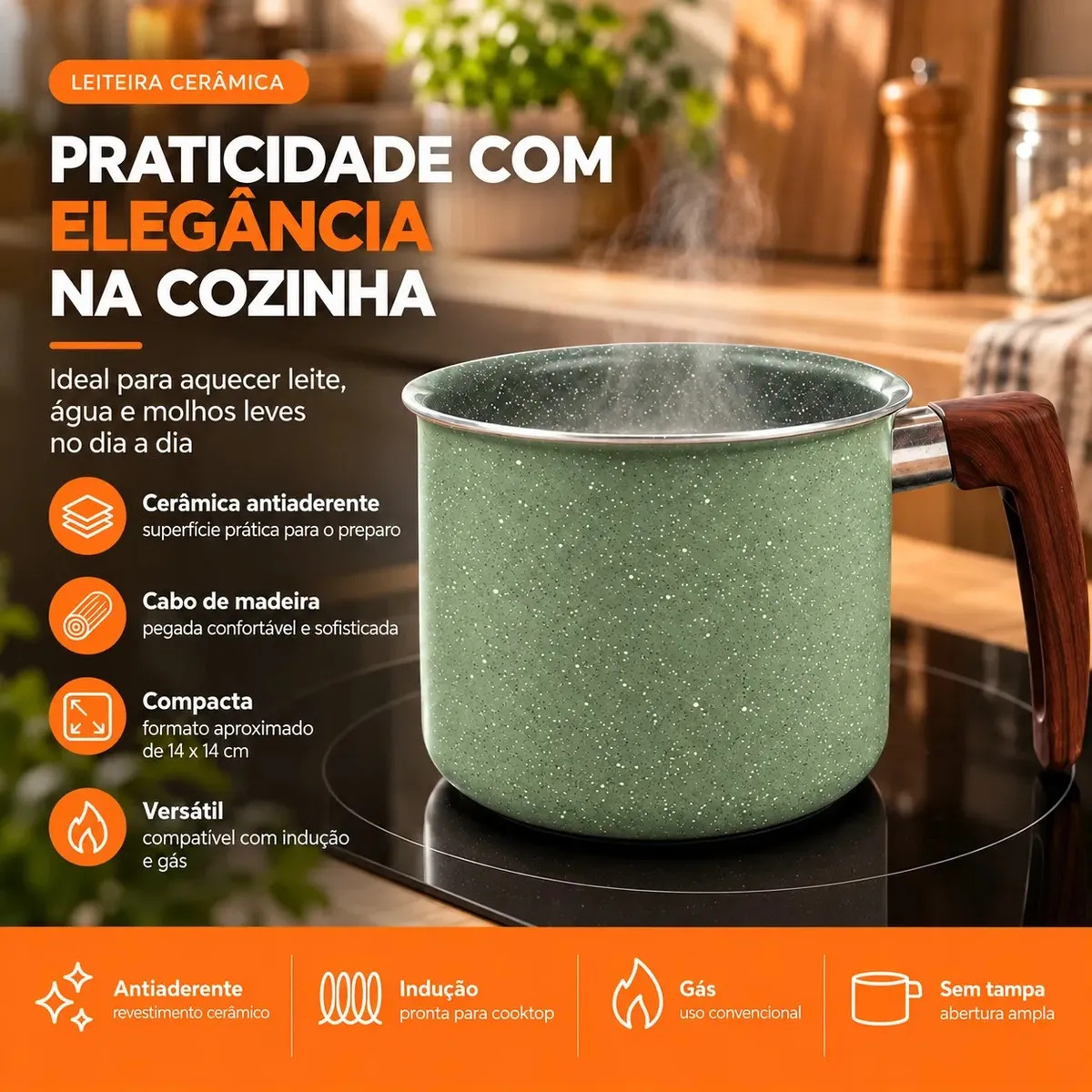 Fervedor ViaCruz Antiaderente 1,5L de Cerâmica para Fogão Indução Gás Elétrico
