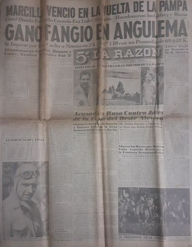La Razón Del 11 De Junio De 1950 Fangio,marcilla, Peron (Usado)