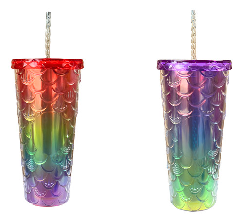 40 Vasos Con Textura Doble Pared 30oz Tapa Popote Mayoreo Sirena Arcoiris