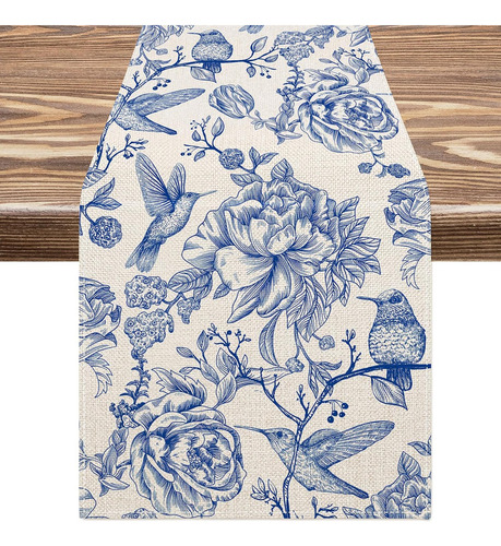 Caminos De Mesa De Lino Azul Y Blanco Retro Monocromáticos C