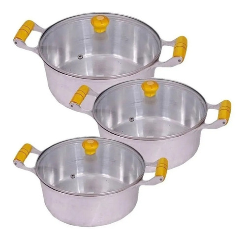 Jogo 3 Panelas Caçarola Aluminio Polido Tampa Vidro 14 16 18