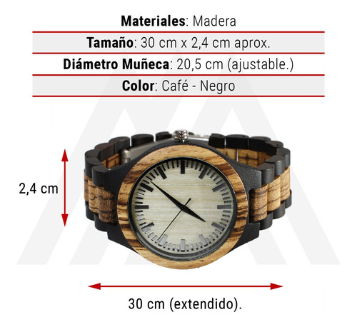 Imagen 4 de 10 de Reloj Hombre Correa Madera Combinado Negro Café