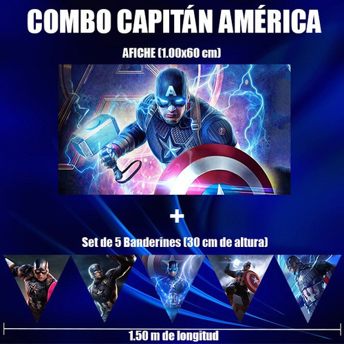Combo Afiche Capitán América Banderines Decoracion Cumpleaño