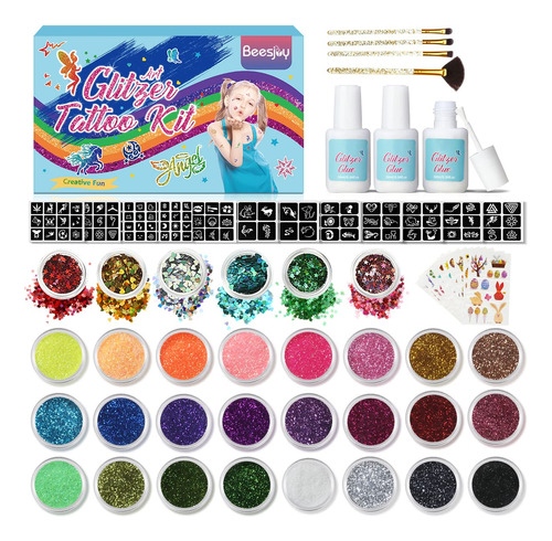 Glitter Tattoos Kit Gift For Kids 30 Colors Waterproof Temp.