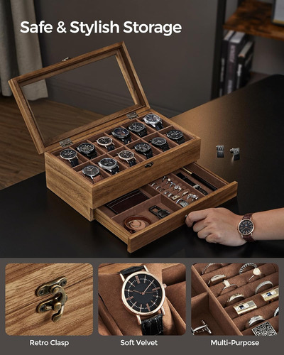 Songmics Caja Para Relojes De 12 Ranuras, Vitrina Para Re...