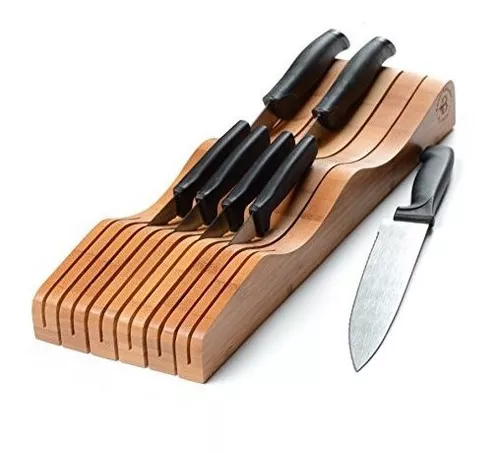 HHXRISE Organizador de cajones de cuchillos, bloque de cuchillos de bambú  con capacidad para 16 cuchillos (no incluidos) + ranura para afilador de