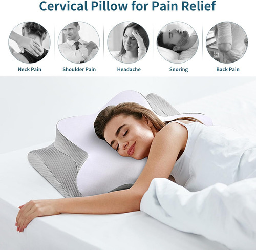 Almohada cervical viscoelástica ergonómica para aliviar el dolor de cuello, ideal para dormir boca abajo, con funda transpirable.