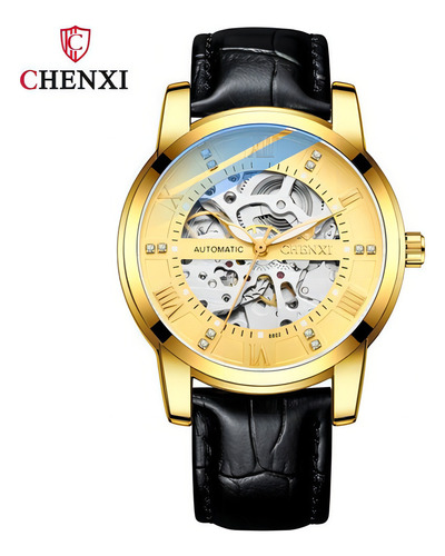 Reloj mecánico de cuero impermeable Chenxi para hombre, color de fondo dorado