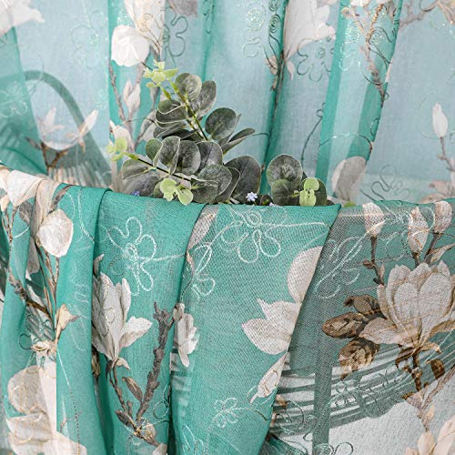 Cortina Corta Transparente Turquesa Con Estampado De Flores