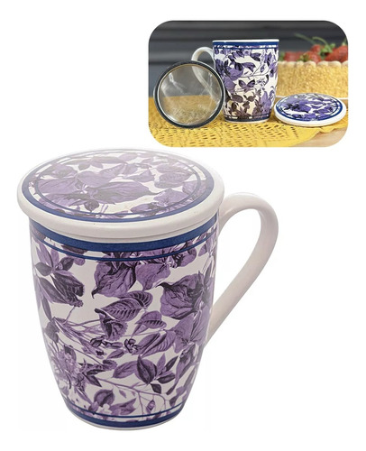 Caneca De Porcelana Com Tampa E Filtro P/chá Café 310ml Lyor