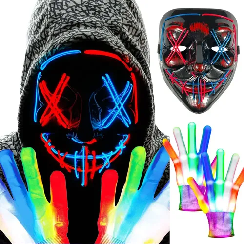 Máscara Halloween LED Con Guantes Brillantes – Set De Purga Con Luces Multicolor Para Fiesta Y Cosplay