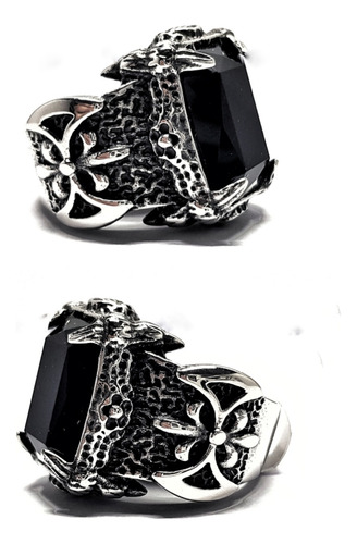 Anillo Tallado Medieval Con Piedra Negra En Acero Inox 316. Plateado 20mm