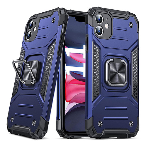 Funda Heavy Duty Azul Anillo Metal Para iPhone 11