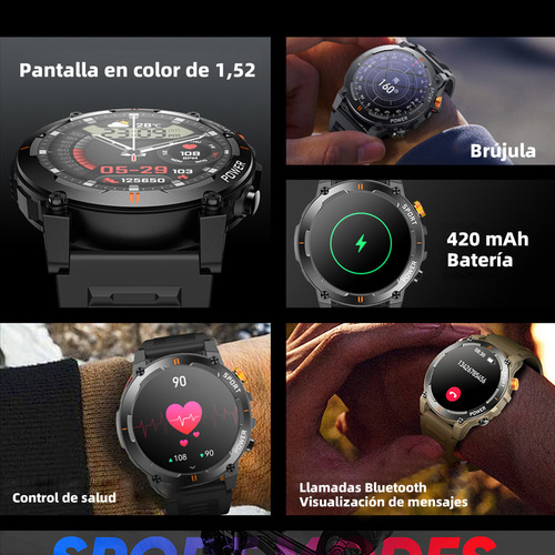 ** Reloj Inteligente For Deportes Al Aire Libre De 1,52 Con Linterna, Capaz De Medir Frecuencia Cardíaca, Presión