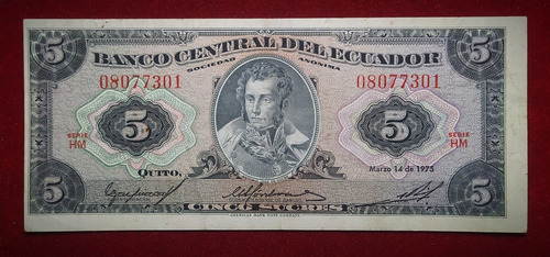 Billete 5 Sucres Ecuador 1975 Pick 108 A.2 American Bank 