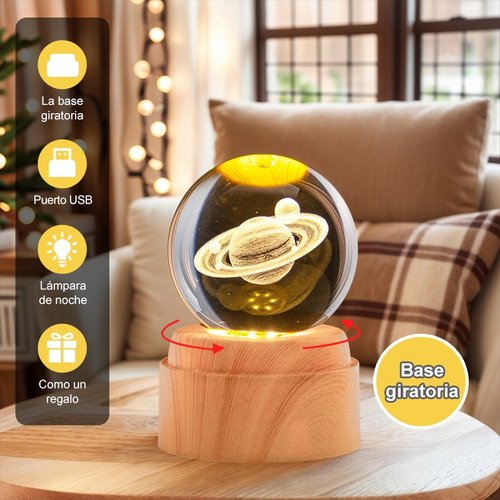 Lampara De Noche Led 3d Galaxia Bola Cristal Base Giratoria Saturno