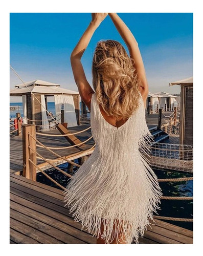 Vestido Femenino Con Decoración En V Cor Sólida Borla Sem Ma