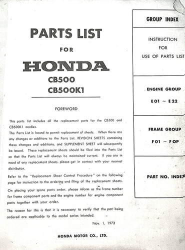 Catalogo De Peças Cb500f Four 71-74 Parts List Manual