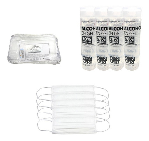 Imagen 4 de 10 de Combo Barbijo Descartables X50 Tapaboca + Alcohol Gel Pack
