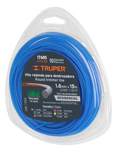 Hilo O Nylon Para Guadañadora 15 M Diámetro 1.6mm, Truper