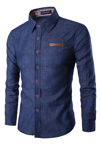 Camisa Casual De Hombre Con Bolsillo Patchwork Cuero Algodón