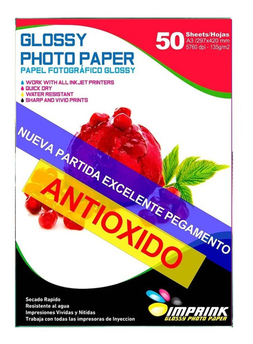 Papel Adhesivo Glossy Brillante Antioxido A3/135g/50 Hojas