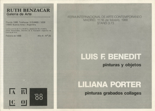 Luis Benedit. Liliana Porter. Galería Ruth Benzacar 1988. (Usado)