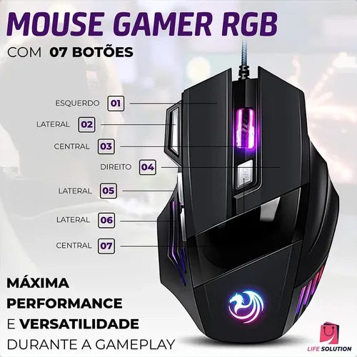 Mouse Gamer 3.200 Dpi Usb Óptico 7 Botões Led Ergonômico