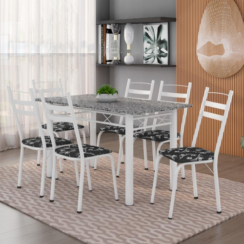 Conj De Mesa Com 6 Cadeiras 1,40m Granito/branco Branco