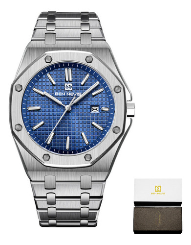 Reloj de pulsera Ben Nevis Calendar de cuerpo color negro, analógico, para hombre, con correa de acero inoxidable color plata y azul y mariposa