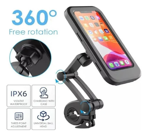 Soporte Celu Moto Bici Funda 360°+ Visor Trasero Impermeable Negro Lisa