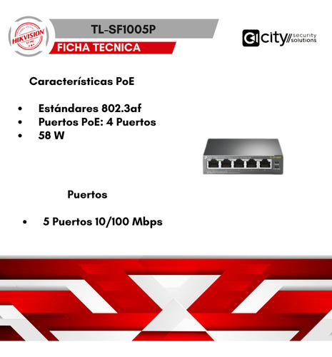 Switch Poe 5 Puertos 10/100 Mbps, 4 Puertos Poe, 58w Tp Link