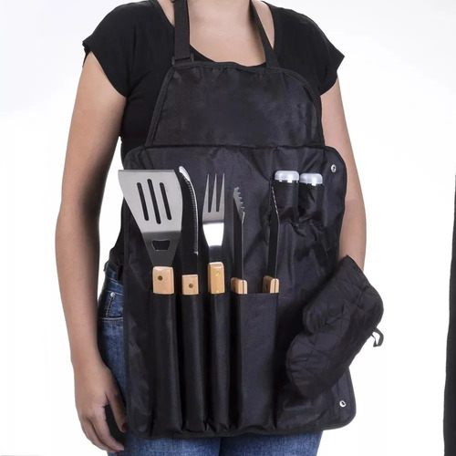 Imagem 7 de 9 de Kit Churrasco Inox 8 Peças Avental Preto De Nylon