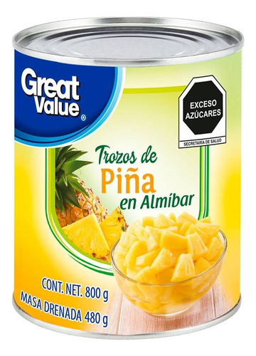 3 Pza Piña En Almíbar Great Value En Trozos 800 G