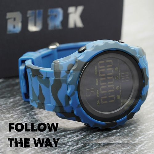 Imagen 6 de 8 de Reloj Hombre Burk 1624 Original Eeuu Sumergible Digital Luz Color De La Malla Azul Militar