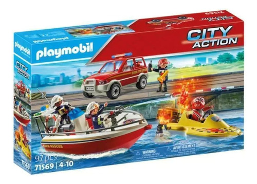 Playmobil Misión Bomberos Moto Agua Lancha Luz +95pcs 71569 Misión Bomberos Agua