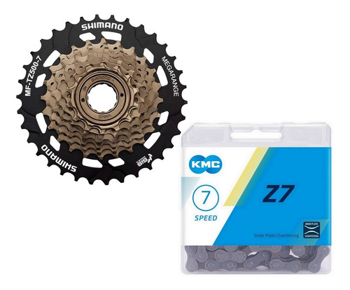 Catraca Shimano Tz500 14/34d Megarange 7v + Corrente Kmc Z7 