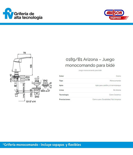 Juego Grifería Fv Arizona Ducha Embut Bidet Lavatorio Monoc