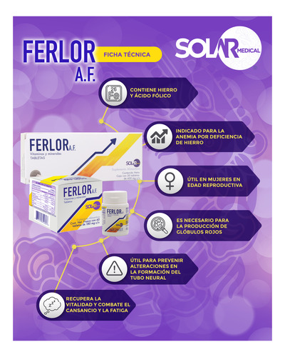 Ácido Fólico Y Hierro Ferlor Frasco Con 60 Tabletas 2pz.