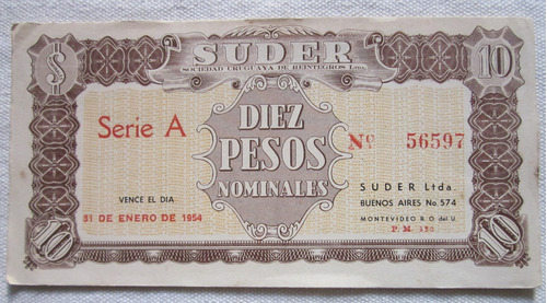 Antiguo Billete Uruguay Suder 10 Pesos