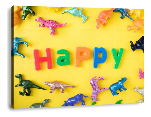 Cuadro Canvas Para Niños Niñas Happy Kids Y Dinosaurios 1 Pz Color Amarillo Armazón N/a