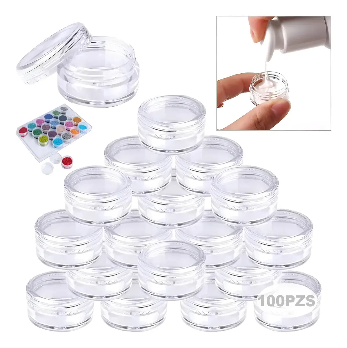 Envases para Muestras de Cosméticos y Viaje - 100 Piezas Transparentes con Varios Tamaños - Set Completo de Pomaderos y Recipientes de 5ml