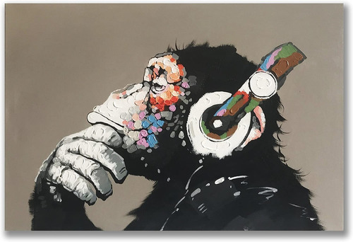 Cuadro Decorativo Chimpance Audifonos Arte Unico Canvas