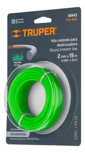 Hilo Redondo Nylon Para Desbrozadora Wilo 2mm 15 M Truper Color Verde