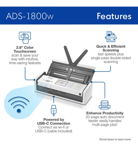 Escáner Brother Ads-1800w De Escritorio Compacto Inalámbrico