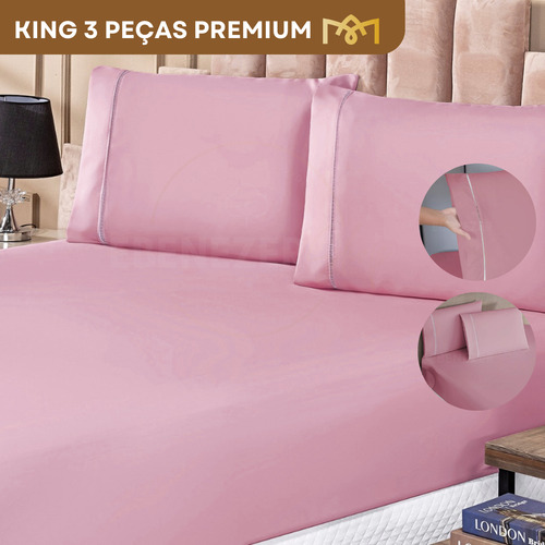 Lençol King Padrão C/ Elástico 3 Peças Fronha Ponto Palito 400 Fios Premium Toque Macio Cor Rose