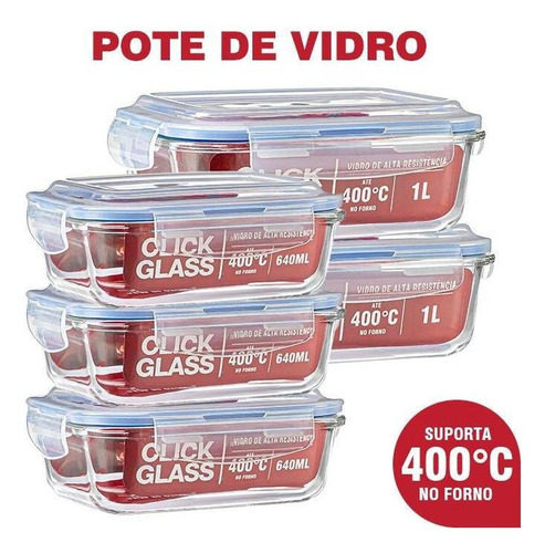 Imagem 1 de 4 de Kit Com 5 Potes De Vidro Click Glass Premium 100% Herméticos