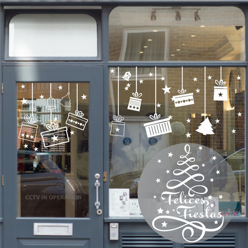 Vinilos Vidrieras Navideño Colgante Regalos + Arbol Navidad
